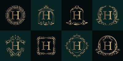 Logo initial H with luxury ornament or flower frame, set collection. vector