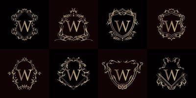 Logo initial W with luxury ornament or flower frame, set collection. vector