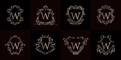 Logo initial W with luxury ornament or flower frame, set collection. vector