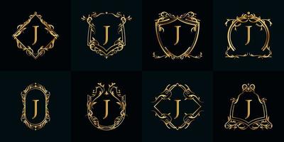 Logo initial J with luxury ornament or flower frame, set collection. vector