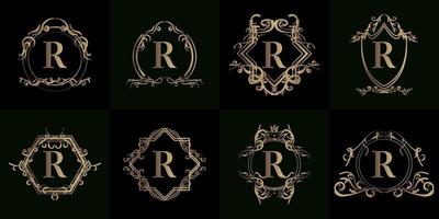 colección de logo inicial r con adorno de lujo o marco de flores vector