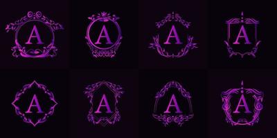 Logo initial A with luxury ornament or flower frame, set collection. vector
