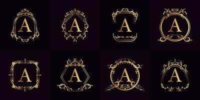 Logo initial A with luxury ornament or flower frame, set collection. vector