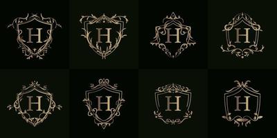 Logo initial H with luxury ornament or flower frame, set collection. vector