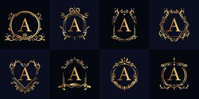 Logo initial A with luxury ornament or flower frame, set collection. vector