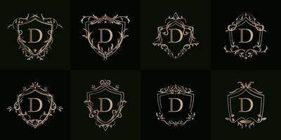 Logo initial D with luxury ornament or flower frame, set collection. vector