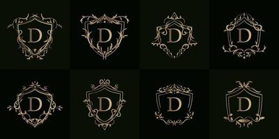 Logo initial D with luxury ornament or flower frame, set collection. vector