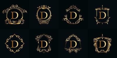 Logo initial D with luxury ornament or flower frame, set collection. vector