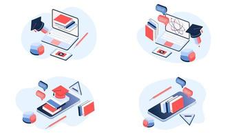 Modern 3d isometric concept of Online Education for banner website. Set of page templates vector illustration online learning, internet course, remote, tutorial on laptop or mobile phone application