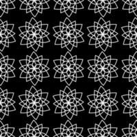 Seamless floral pattern. Minimal and geometric mandala flower elements. White outline isolated on black background. vector