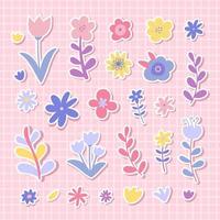 conjunto de pegatinas con flores y hojas en forma de garabato con un contorno blanco aislado en un lindo fondo rosa a cuadros. vector