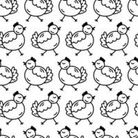 Seamless pattern with simple doodle chickens. Black hand drawn line isolated on white background vector