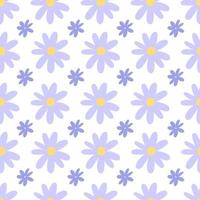 Seamless pattern with simple doodle violet meadow flowers isolated on white background. Chamomile flat ornament. vector