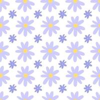 Seamless pattern with simple doodle violet meadow flowers isolated on white background. Chamomile flat ornament. vector