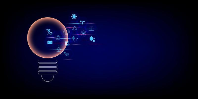 Energy resource concept. Light bulb with hexagonal shape with icons of a solar cell, wind, fossil fuel, sun, nuclear, hot spring on blue and black background.