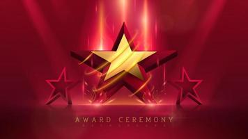 Estrella dorada 3d con luz brillante y decoración con efecto de fuego y elemento y haz de bokeh. concepto de fondo de la ceremonia de entrega de premios de lujo. vector