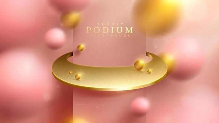 Pink luxury background with product display podium and 3d gold ball element and blur effect decoration and glitter light and bokeh.