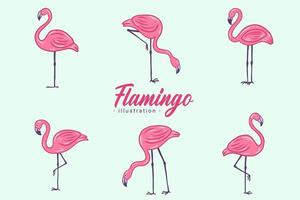 Set of Cute Flamingo pink Bird flamingos Aesthetic Tropical Exotic Hand drawn flat style collection vector