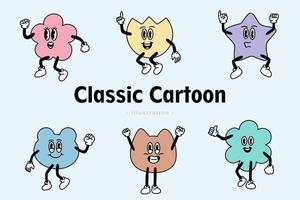 conjunto de lindas emociones cómicas clásicas de dibujos animados felices con expresión facial personaje de garabato de manos y pies vector