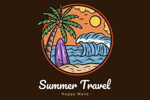 Summer Time Badges with Sunset and Wave Coconut Tree and Surf Beach paradise island heaven vector