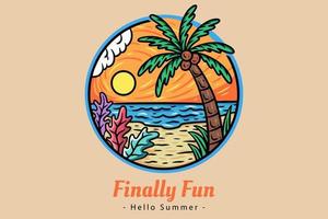 Summer Time Badges with Sunset and Wave Coconut Tree and Surf Beach paradise island heaven