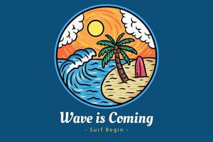 insignias de horario de verano con puesta de sol y ola cocotero y surf playa paraíso isla cielo vector