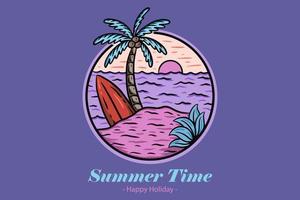 insignias de horario de verano con puesta de sol y ola cocotero y surf playa paraíso isla cielo vector
