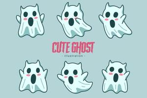 Set of Collection Cute Ghost Horror Cartoon flat design hand drawn Spooky emoji funny spirit doodle vector