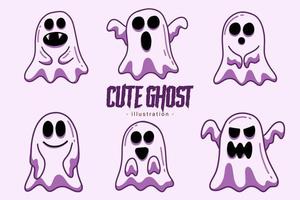 Set of Collection Cute Ghost Horror Cartoon flat design hand drawn Spooky emoji funny spirit doodle vector