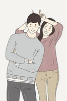 linda pareja feliz amor juntos novio y novia mujeres hombres niña color pastel moda clipart doodle línea arte ilustración vector