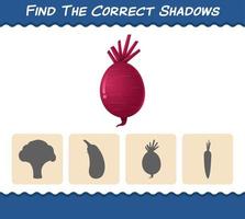 encuentra las sombras correctas de la remolacha de dibujos animados. juego de búsqueda y emparejamiento. juego educativo para niños de edad preescolar y niños pequeños vector