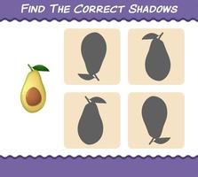 Find the correct shadows of cartoon avocado. Searching and Matching game. Educational game for pre shool years kids and toddlers vector