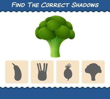 Find the correct shadows of cartoon broccoli. Searching and Matching game. Educational game for pre shool years kids and toddlers vector