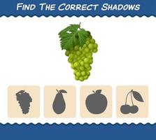 encuentra las sombras correctas de la uva verde de dibujos animados. juego de búsqueda y combinación. juego educativo para niños y niños pequeños en edad preescolar vector