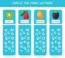 Encierra en un círculo las primeras letras de las frutas de dibujos animados. juego de correspondencias. juego educativo para niños y niños pequeños en edad preescolar vector