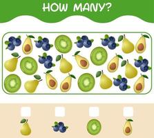 How many cartoon fruits. Counting game. Educational game for pre shool years kids and toddlers vector