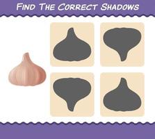 Find the correct shadows of cartoon garlic. Searching and Matching game. Educational game for pre shool years kids and toddlers vector