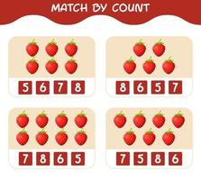 Match by count of cartoon strawberries. Match and count game. Educational game for pre shool years kids and toddlers vector