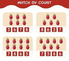 Match by count of cartoon dragon fruits. Match and count game. Educational game for pre shool years kids and toddlers vector