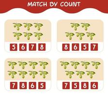 Match by count of cartoon olives. Match and count game. Educational game for pre shool years kids and toddlers vector