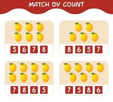 Match by count of cartoon lemons. Match and count game. Educational game for pre shool years kids and toddlers vector