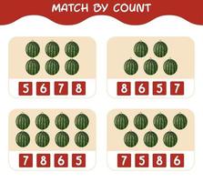 Match by count of cartoon watermelons. Match and count game. Educational game for pre shool years kids and toddlers vector