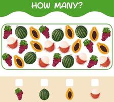 How many cartoon fruits. Counting game. Educational game for pre shool years kids and toddlers vector