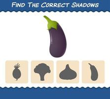 Find the correct shadows of cartoon eggplant. Searching and Matching game. Educational game for pre shool years kids and toddlers vector