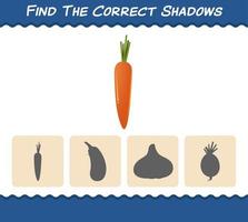 Find the correct shadows of cartoon carrot. Searching and Matching game. Educational game for pre shool years kids and toddlers vector
