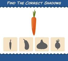 encuentra las sombras correctas de la zanahoria de dibujos animados. juego de búsqueda y emparejamiento. juego educativo para niños y niños pequeños en edad preescolar vector