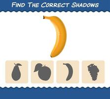 encuentra las sombras correctas del plátano de dibujos animados. juego de búsqueda y combinación. juego educativo para niños y niños pequeños en edad preescolar vector