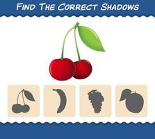Find the correct shadows of cartoon cheery. Searching and Matching game. Educational game for pre shool years kids and toddlers vector