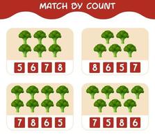 Match by count of cartoon broccolis. Match and count game. Educational game for pre shool years kids and toddlers vector