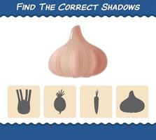 Find the correct shadows of cartoon garlic. Searching and Matching game. Educational game for pre shool years kids and toddlers vector